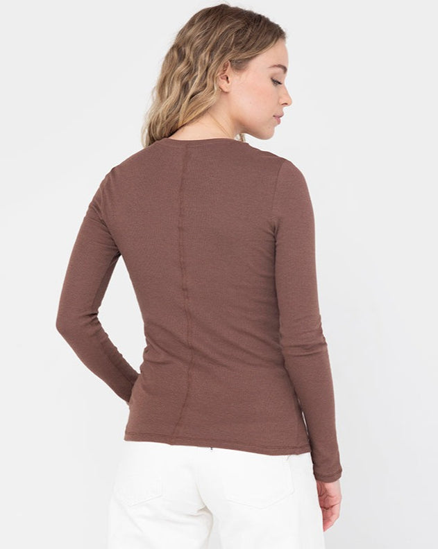 Rib Long Sleeve Women&#39;s T-shirt Brown