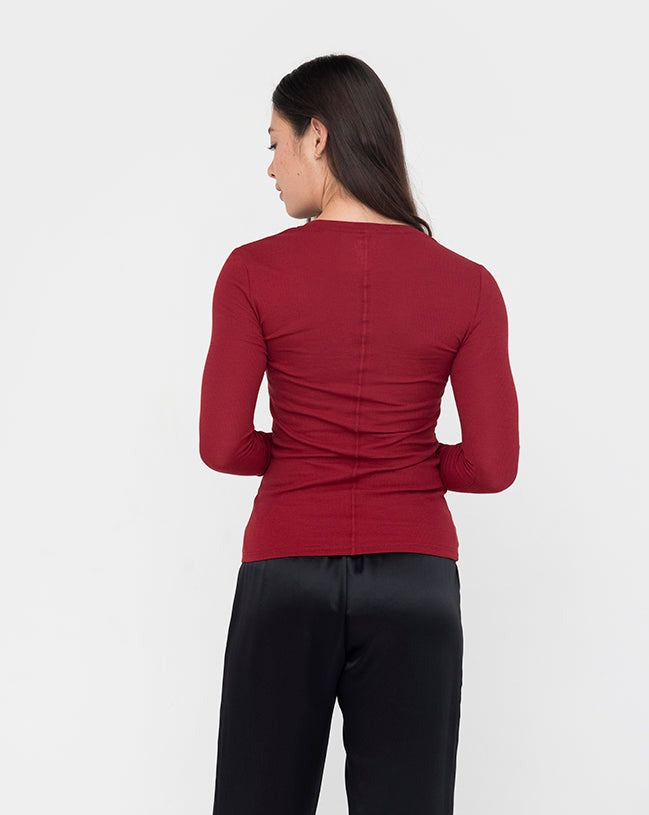 Rib Long Sleeve Women&#39;s T-shirt Cherry Red