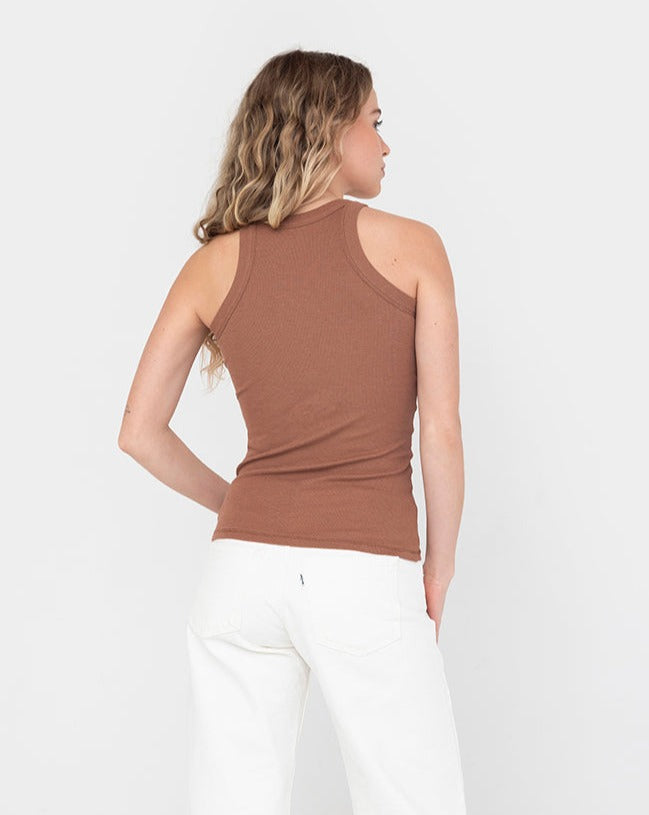 Easy Standard Rib Fitted Cotton Racer Tank Top Latte Beige