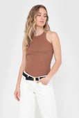 Easy Standard Rib Fitted Cotton Racer Tank Top Latte Beige