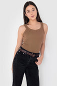 Rib Fitted Cotton Scoop Neck Tank Top Women's Beige Latte